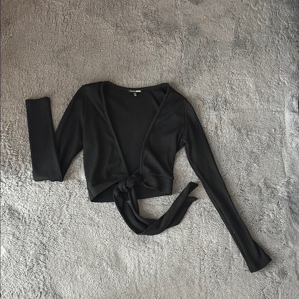 Black Long Sleeve Tie-Front Top